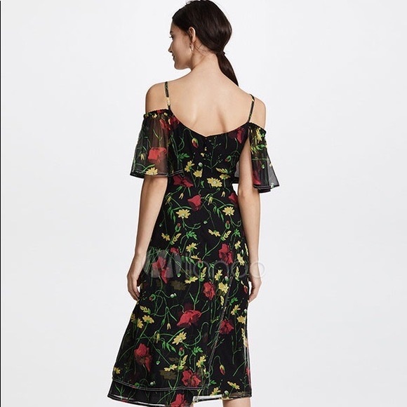 NWT $595 Jason Wu Grey Off-Shoulder Floral-Print Silk Chiffon Dress - Picture 4 of 6